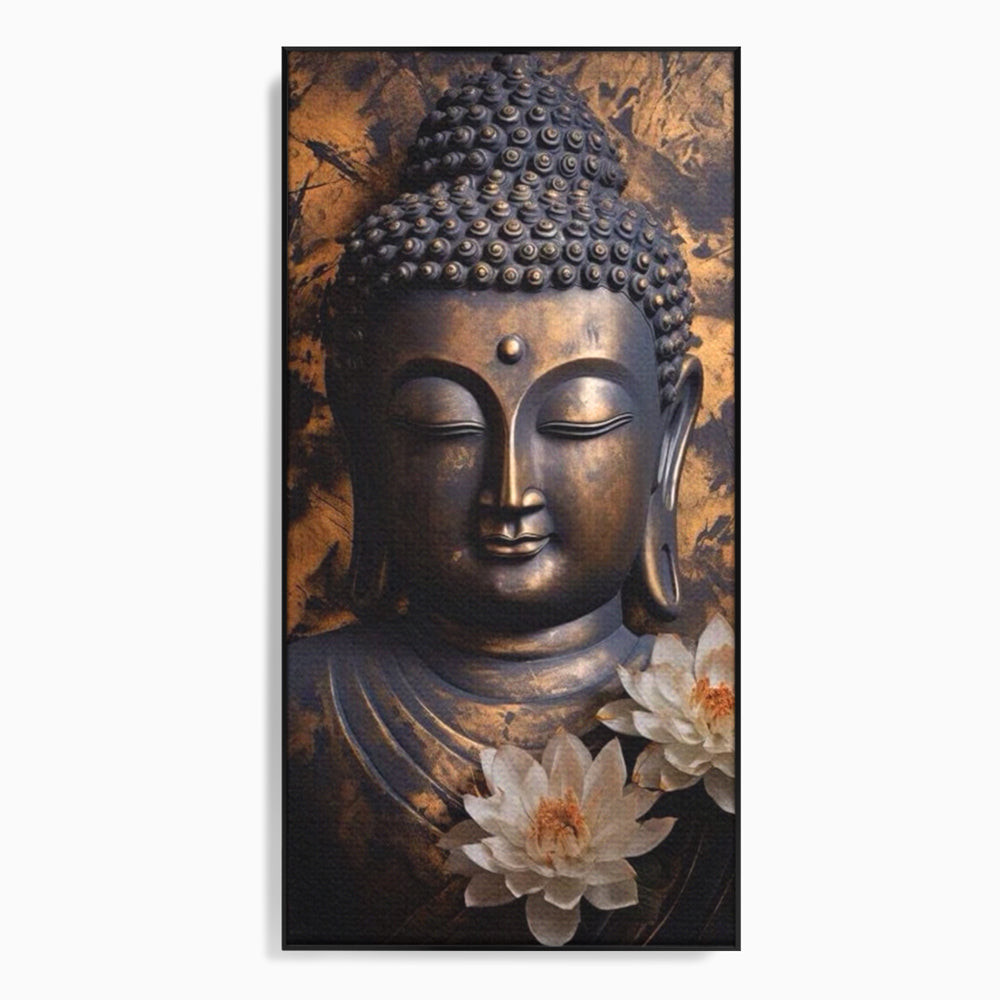 Tablou canvas cu tablou canvas cu buddha si flori de lotus, in rama de aluminiu negru